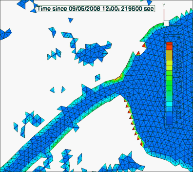 Wetting/drying simulation of a storm surge during hurricane Ike. Visible fractionally subdivided elements at the wet/dry interface.