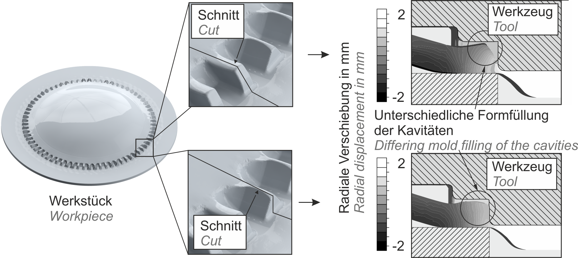 Formfüllung der Kavität eines Fließpressprozesses bei Verwendung geometrisch unterschiedlicher Formelemente / Insufficient mold filling in a cold forging process by use of different functional elements