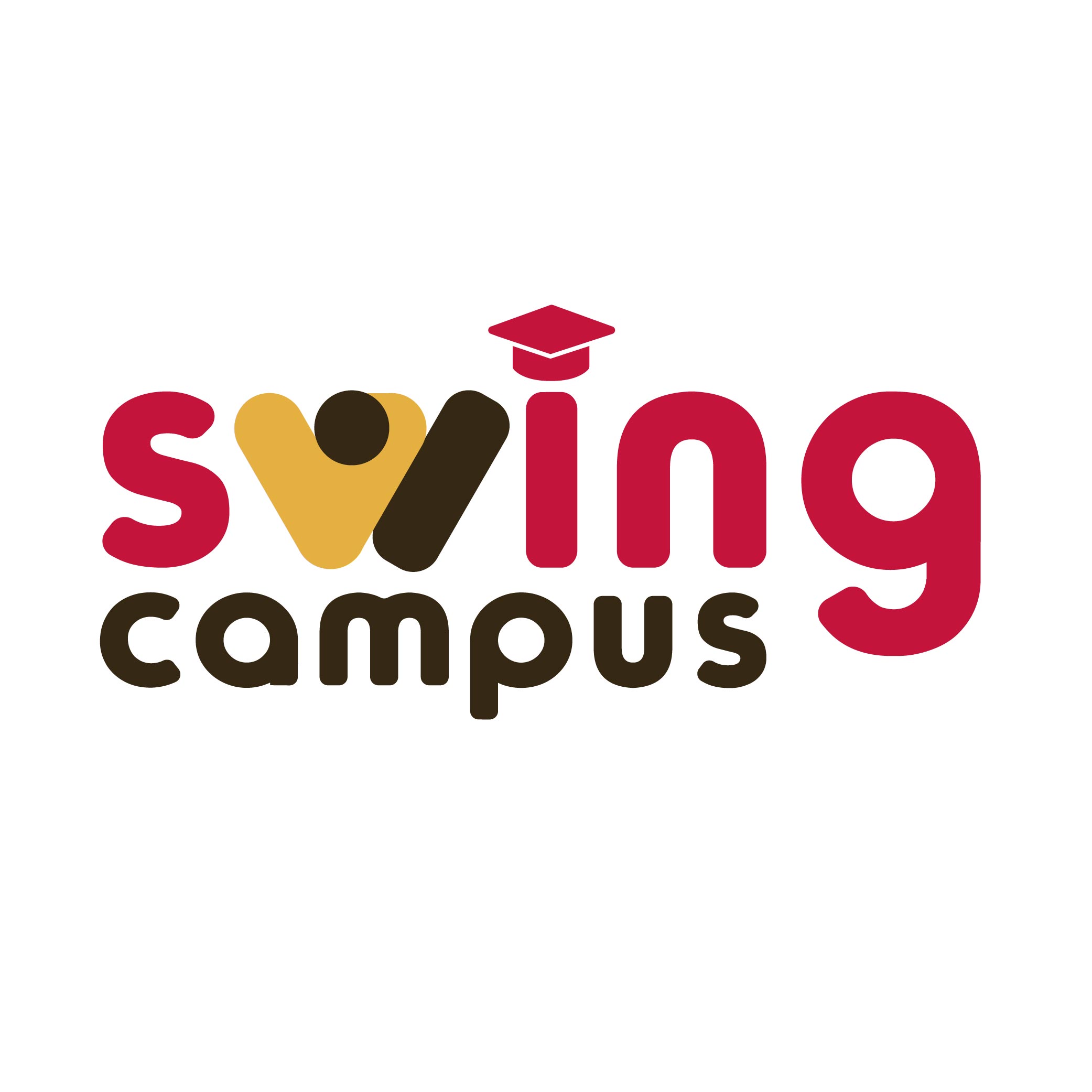 Logo mit dem Schriftzug „swing campus“. Das Wort „swing“ ist in Kleinbuchstaben geschrieben. Der Buchstabe „w“ ist stilisiert und stellt zwei abstrahierte Figuren dar, die sich die erhobene Hand reichen. Der Punkt über dem „i“ ist durch einen roten Doktorhut ersetzt. Darunter steht das Wort „campus“ in braunen Kleinbuchstaben.
