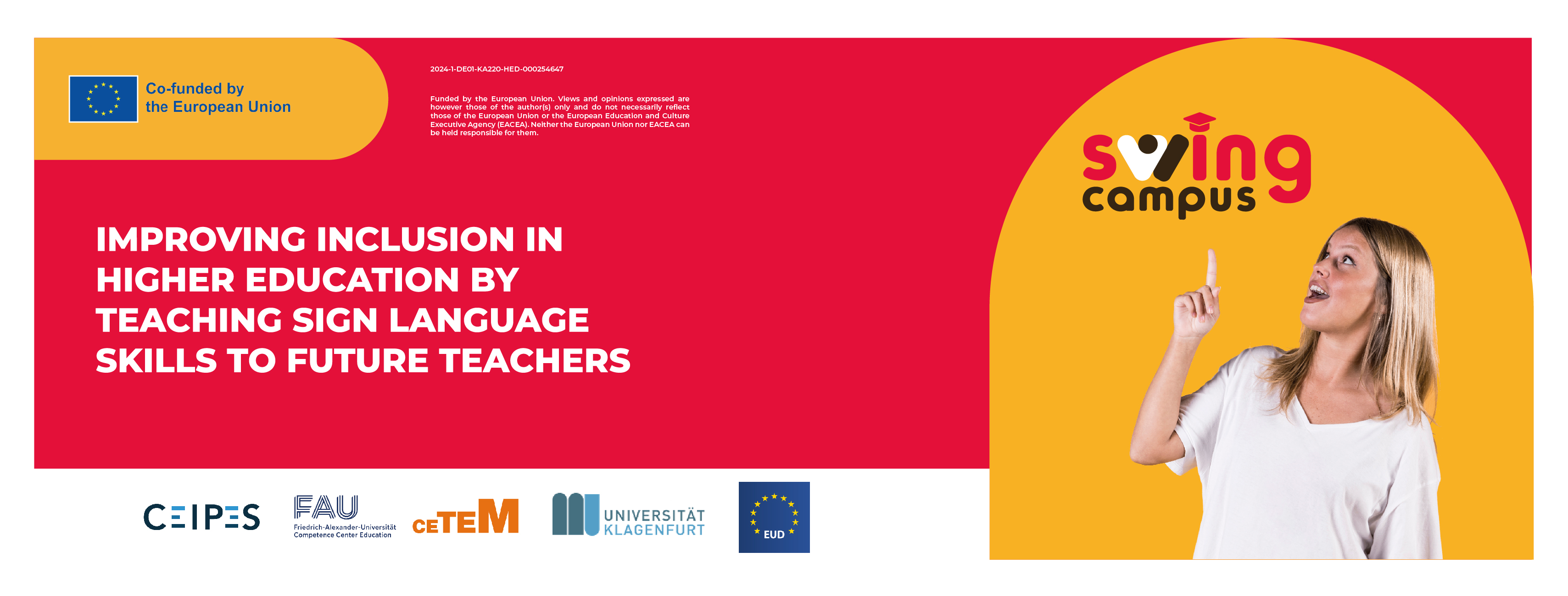 Banner des Projekts SWING CAMPUS mit Logos und Leitspruch zur Förderung von Inklusion druch Gebärdensprache